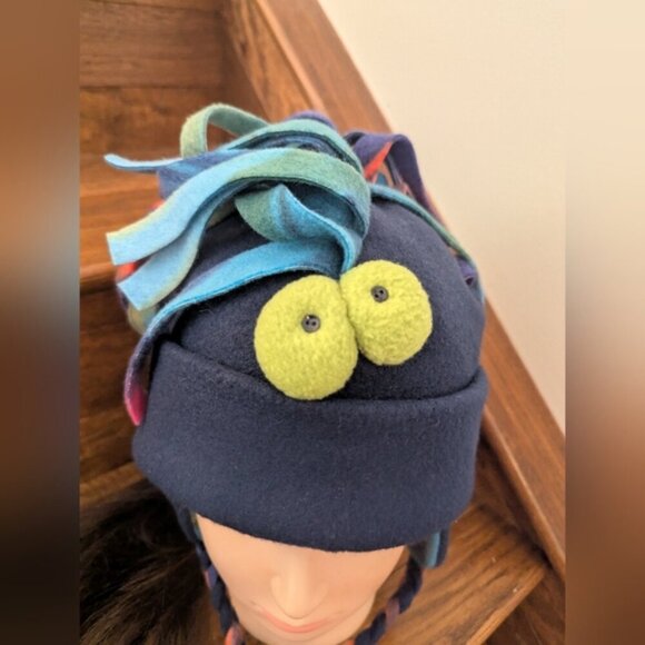 Blue Fleece Hat with Mohawk Fringe Ear Flaps & Chin Strap Sz M adult Youth L/XL - Picture 7 of 8